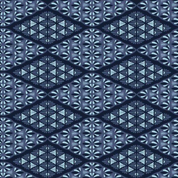 Çivit mavi boya geometrik daisy elmas damask deseni — Stok Vektör