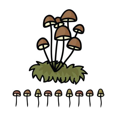 Şirin mycena mantar karikatür vektör çizim motifi set. Yenilebilir mantar el çekilmiş