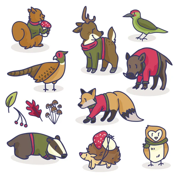 Woodland animals in sweaters cartoon vector illustration motif set. — Stock Vector