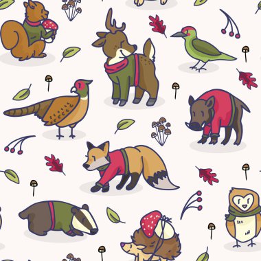 Cute woodland animal cartoon seamless vector pattern background. clipart