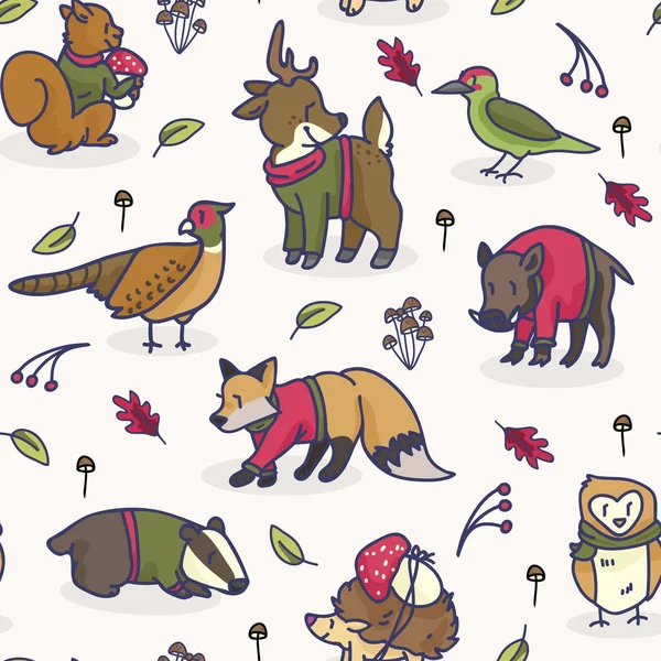 可爱的林地动物卡通无缝向量样式背景. — 图库矢量图片