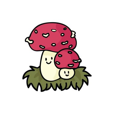 Kawaii agaric mantar karikatür vektör illüstrasyon motif seti sinek. Elle çizilmiş mantarlar