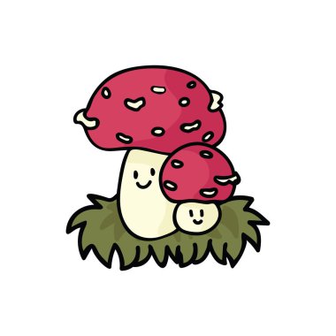 Kawaii fly agaric mushroom cartoon vector illustration motif set. Hand drawn fungi clipart