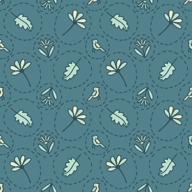 Tiny Çiçek Kuşlar Dotty Dikişsiz Vektör Desen. Boho Bahar Yeşil Çiçek Çemberler