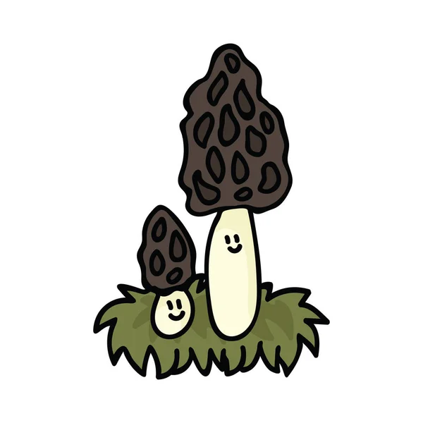 Kawaii morel cartoon character vector illustration motif set. Hand drawn edible fungi — Stock Vector