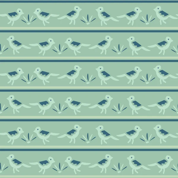 小さな鳥ドッティストライプシームレスベクトルパターン。春の緑の花の円. — ストックベクタ