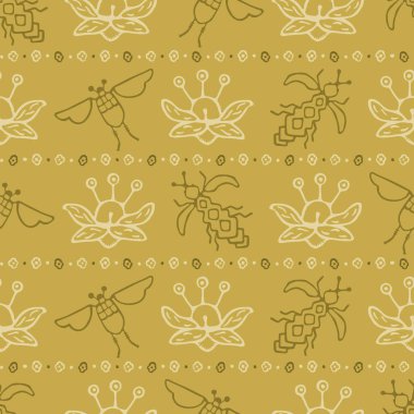 Uçan Böcek Böcek Dikişsiz Vektör Desen. Arı ve Böcek ile Scandi Halk Çiçekleri.