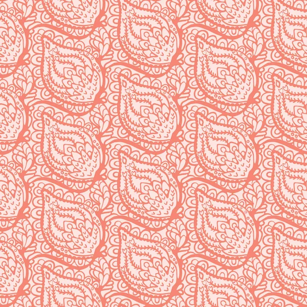 手绘珊瑚红佩斯利达玛斯克插图。无缝矢量模式 — 图库矢量图片
