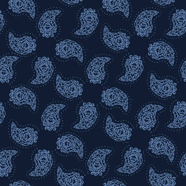 Indigo mavi el arabesk çiçek paisley damask illüstrasyon çizilmiş.