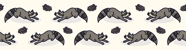 Cute raccoon cartoon seamless vector border. Hand drawn urban wildlife tile. — Stock Vector