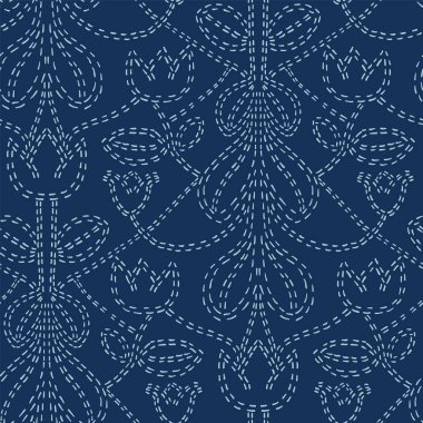 Çiçek Motifi Sashiko Style Japon İğne Dikişsiz Vektör Deseni.