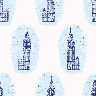 Vignette London Big Ben Clock Tower seamless vector pattern. Famous clipart