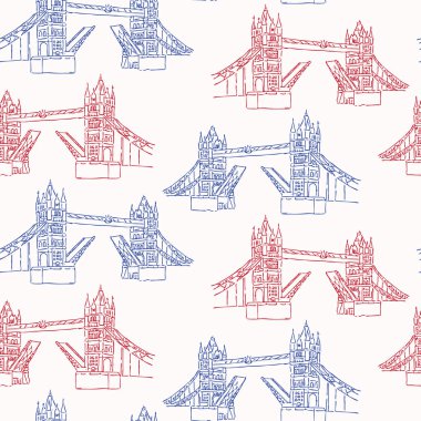 Sketchy Londra Kulesi Köprüsü dikişsiz vektör deseni. Ünlü tarihi İngiliz