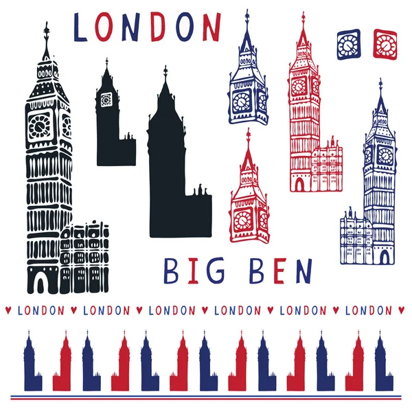 Skissartad London Big Ben klocktornet Chime ClipArt Elements uppsättning. Berömda — Stock vektor