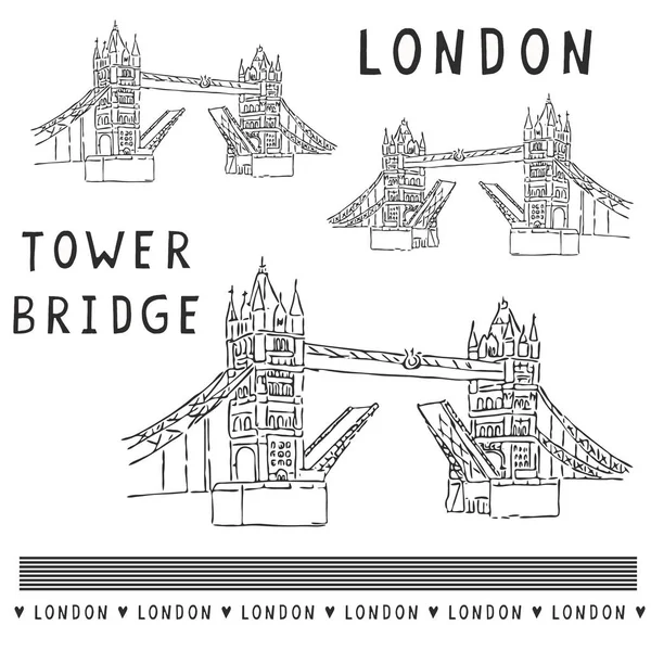 Sketchy London Tower Bridge illustration uppsättning. Berömda historiska brittiska monumentet — Stock vektor