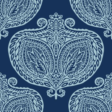 Indigo mavi el çizilmiş farsça arabesk motif şam illüstrasyon.