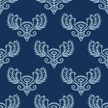 Indigo mavi el çizilmiş farsça arabesk motif şam illüstrasyon.