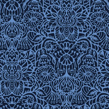 El çizilmiş çivit mavi arabesk çiçek süslemesi damask illüstrasyon