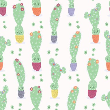 Pot sorunsuz desen sevimli kaktüs. Kapalı kawaii houseplant gülen yüz