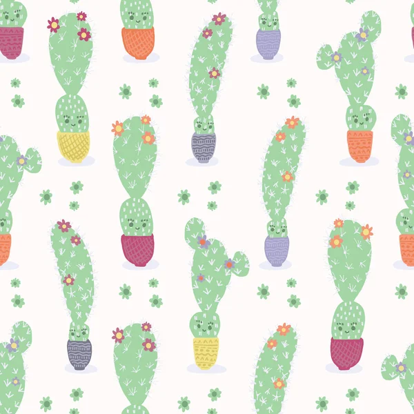 Cute cactus in pot seamless pattern. Indoor kawaii houseplant smiling face — Stock Vector