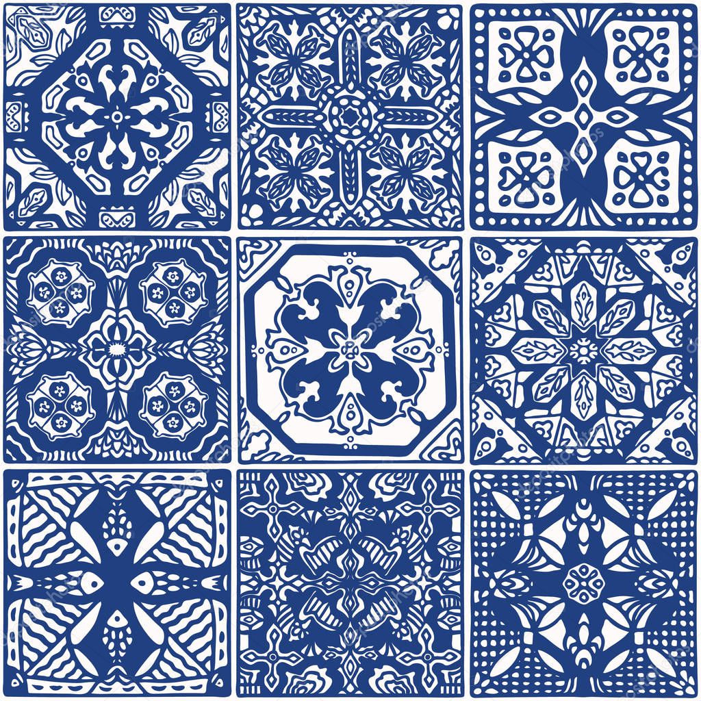 Mosaic tile with sardine decor seamless vector pattern. Lisbon St Antonio traditional portugese creamic home decor.