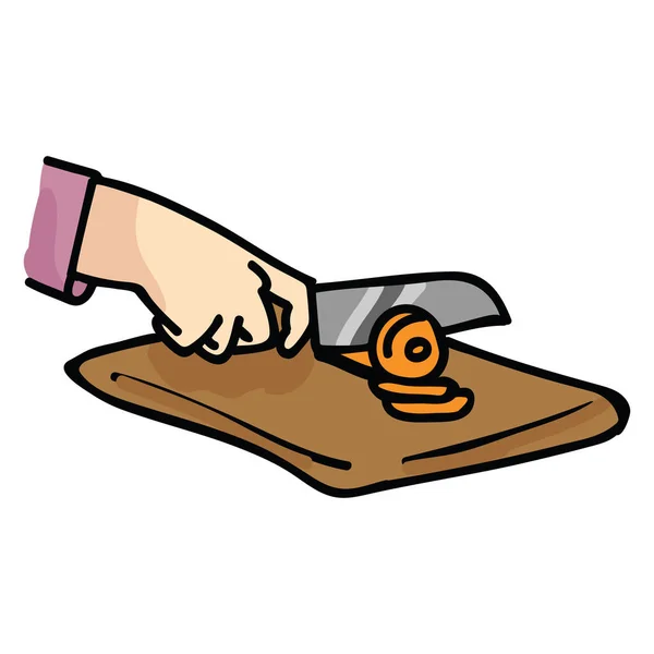 ●かわいいまな板とナイフ漫画ベクトルイラストモチーフセット。食品ブログ、調理グラフィック、ニンジンウェブボタンのための手描きの孤立したキッチン要素クリップアート. — ストックベクタ