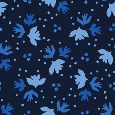 Indigo mavi grafik kağıt kesme kuşlar sorunsuz desen. Modern uçan gökyüzü kanatları vektör illüstrasyon.