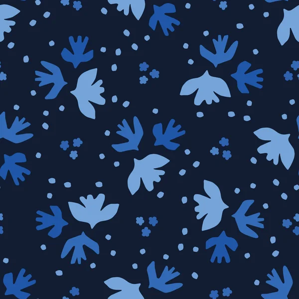 Indigo blå graphicpaper skära fåglar sömlösa mönster. Moderna flygande himmel vingar vektor illustration. — Stock vektor