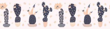 Kaktüs çiçeklenme dikişsiz sınır deseni. Kapalı sulu houseplant çiçek vektör illüstrasyon.