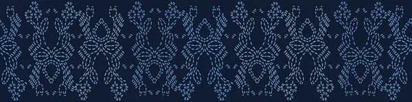 Indigo blauwe borduurwerk Sashiko stijl. Japanse naaldwerk naadloze rand patroon. — Stockvector
