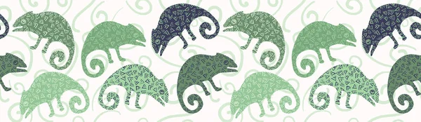 Chameleon lizard seamless border pattern. Green reptile repeatable vector illustration. — Stock Vector