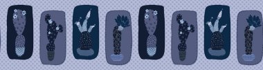Bitki potunda kaktüs dikişsiz bordepattern. Kapalı sulu houseplant vektör illüstrasyon.