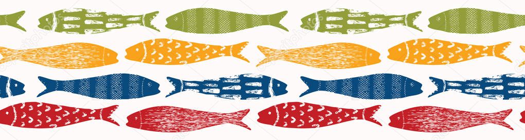 Sardine shoal of fish seamless vector border pattern of grilled fishes.