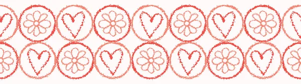 Coral vectorial y círculos de flores de corazón con textura blanca. Repetir frontera sin fisuras . — Vector de stock