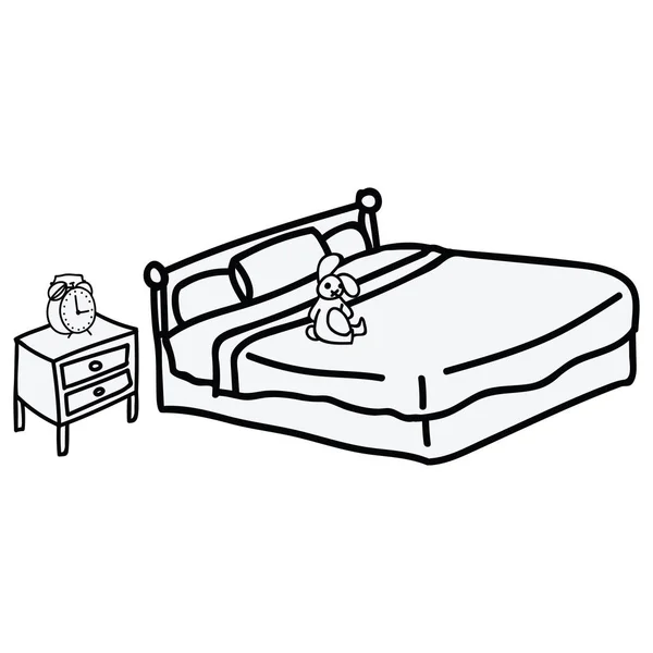 Motif gambar vektor kartun kamar tidur monokrom yang lucu diatur - Stok Vektor