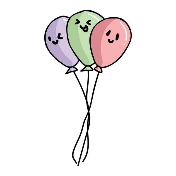Söt ballong bukett med kawaii ansikten tecknad vektor illustration motiv set. — Stock vektor