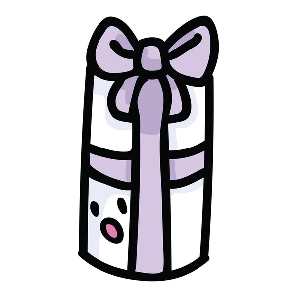 Schattig paars geschenk doos met kawaii gezicht cartoon vector illustratie motief set. — Stockvector