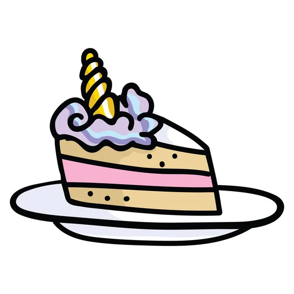 Cute unicorn cake slice cartoon vector illustration motif set. — Stock Vector