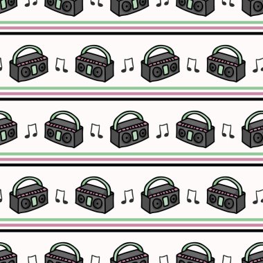 Sevimli retro boombox şerit karikatür dikişsiz vektör deseni.