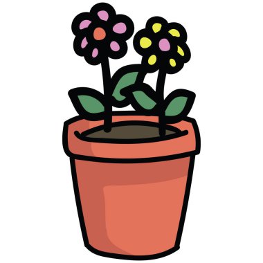 Çiçekler karikatür vektör illüstrasyon motif seti ile sevimli terracota pot.
