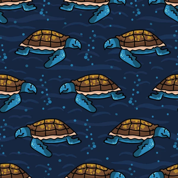 Lindo patrón de vector sin costura tortuga marina de dibujos animados. Placa de vida marina en peligro de extinción dibujada a mano . — Archivo Imágenes Vectoriales