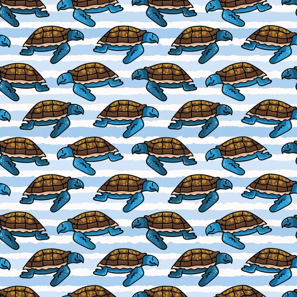 Lindo patrón de vectores sin costuras de dibujos animados de raya de tortuga marina. Placa de vida marina en peligro de extinción dibujada a mano . — Vector de stock