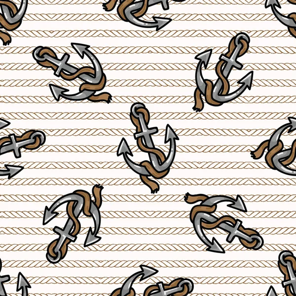 Mignon ancre dispersée avec motif vectoriel sans couture de bande dessinée de corde. Carrelage marin dessiné à la main . — Image vectorielle