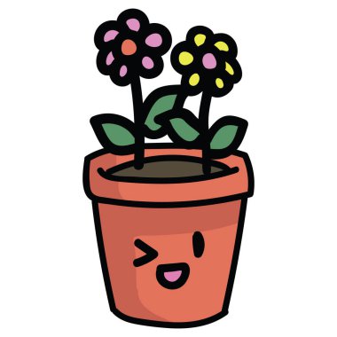 Çiçek ve kawaii yüz karikatür vektör illüstrasyon motif seti ile sevimli terracota pot.
