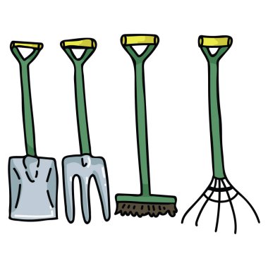 Sevimli bahçe araçları karikatür vektör illüstrasyon motif seti. El çizilmiş maça, tırmık ve süpürge blog simgeleri.