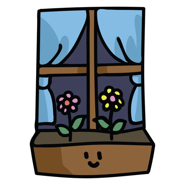Söt fönsterruta med blommor med kawaii ansikte tecknad vektor illustration motiv set. — Stock vektor