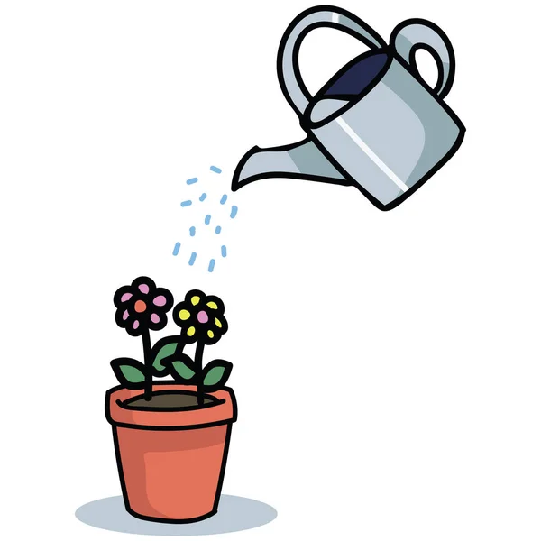 Cute watering can with flowers cartoon vector illustration motif set. Hand drawn for natural gardening blog icons. — Stock Vector