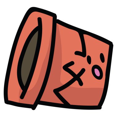 Çatlaklar ve kawaii yüz karikatür vektör illüstrasyon motif seti ile sevimli kırık pişmiş toprak bitki pot. Elle çizilmiş.