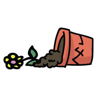 Düşmüş çiçek karikatür vektör illüstrasyon motif seti ile sevimli kırık terracotta pot.