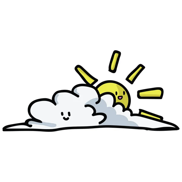 Niedlichen bewölkten Sonne mit kawaii Gesicht Cartoon Vektor Illustration Motivset. handgezeichnete Wetter-Elemente Blog-Symbole. Sommertagsgrafik. — Stockvektor